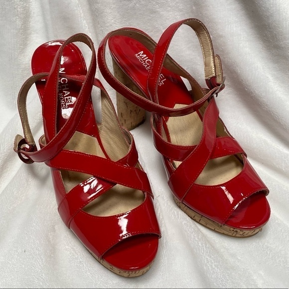 Michael Michael Kors red patent leather strappy chunky cork heel size 8.5 - Picture 1 of 11